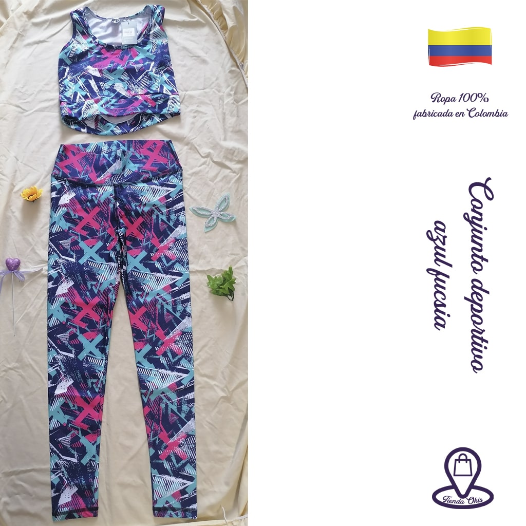 Conjunto deportivo top/leggins azul fucsia