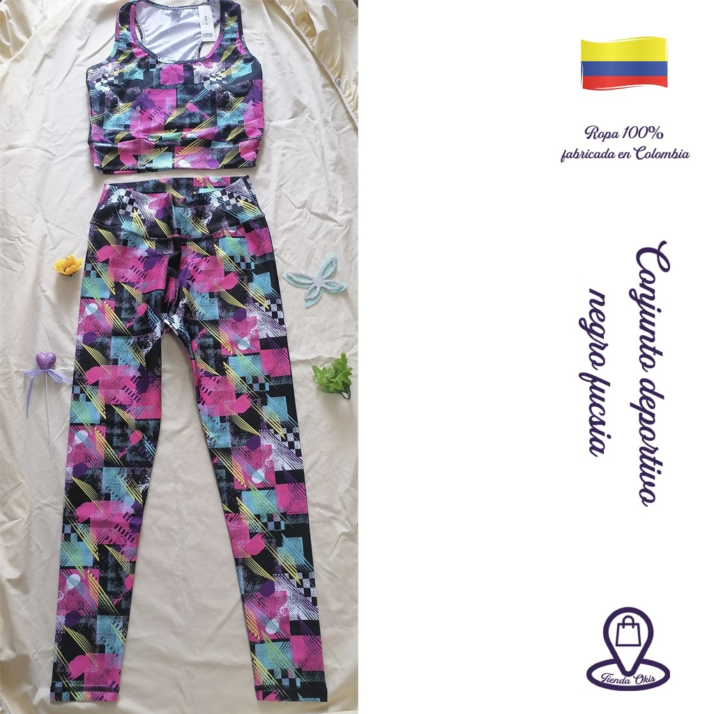 Conjunto deportivo top/leggins negro fucsia